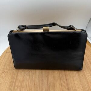 Vintage 1950s Lesco‎ Genuine Leather Handbag Black with Brass/Gold trim